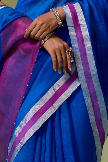 Dressfolk_Blue Chanderi Zari Khwaabida Pre-draped Saree With Unstitched Blouse Piece_Online_at_Aza_Fashions