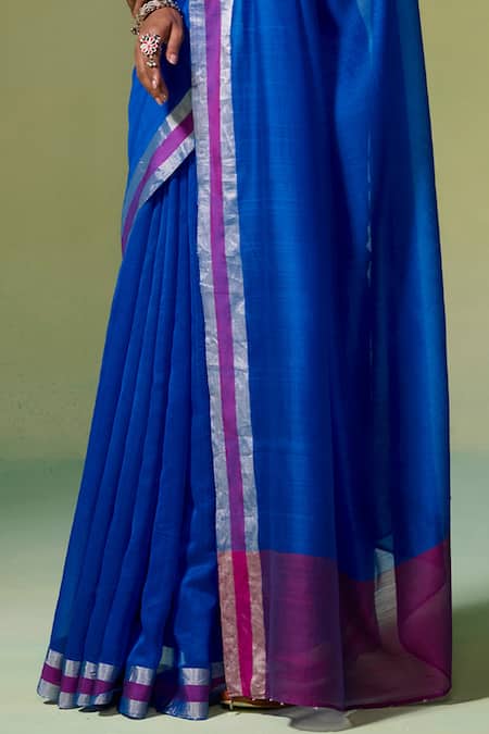 Buy_Dressfolk_Blue Chanderi Zari Khwaabida Pre-draped Saree With Unstitched Blouse Piece_Online_at_Aza_Fashions