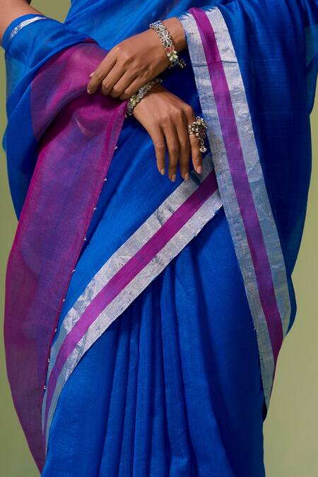 Shop_Dressfolk_Blue Chanderi Zari Khwaabida Pre-draped Saree With Unstitched Blouse Piece_Online_at_Aza_Fashions