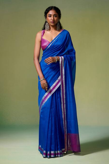 Dressfolk_Blue Chanderi Zari Khwaabida Pre-draped Saree With Unstitched Blouse Piece_at_Aza_Fashions