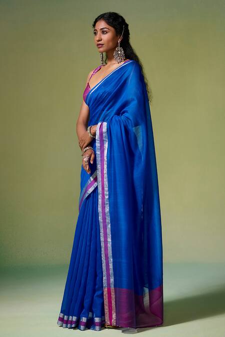 Buy_Dressfolk_Blue Chanderi Zari Khwaabida Pre-draped Saree With Unstitched Blouse Piece