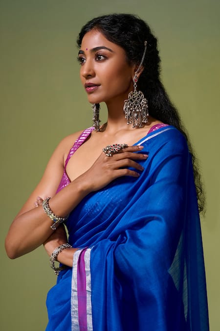 Shop_Dressfolk_Blue Chanderi Zari Khwaabida Pre-draped Saree With Unstitched Blouse Piece