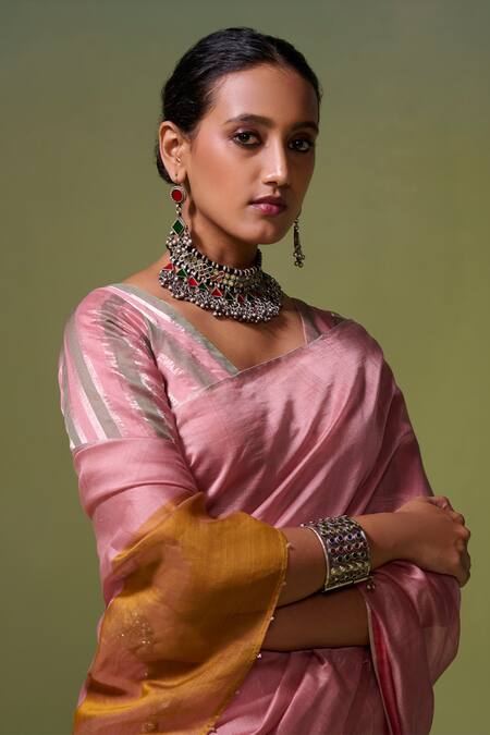 Dressfolk_Pink Chanderi Anahira Pre-draped Saree With Unstitched Blouse Piece_Online_at_Aza_Fashions