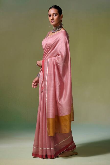 Buy_Dressfolk_Pink Chanderi Anahira Pre-draped Saree With Unstitched Blouse Piece_Online_at_Aza_Fashions