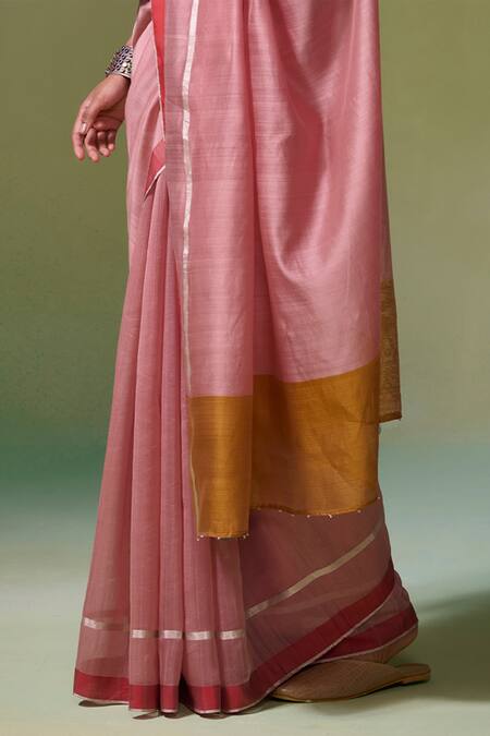 Dressfolk_Pink Chanderi Anahira Pre-draped Saree With Unstitched Blouse Piece_at_Aza_Fashions