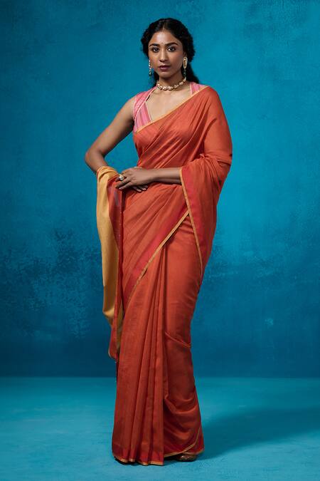 Shop_Dressfolk_Rust Chanderi Zari Aarzoo Pre-draped Saree With Unstitched Blouse Piece_Online_at_Aza_Fashions