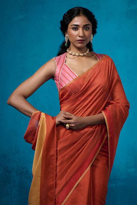 Dressfolk_Rust Chanderi Zari Aarzoo Pre-draped Saree With Unstitched Blouse Piece_at_Aza_Fashions
