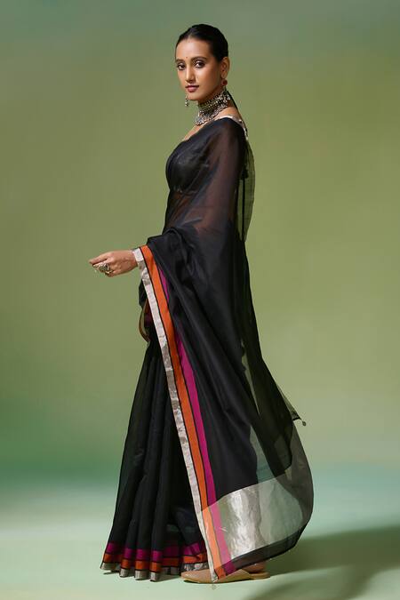 Buy_Dressfolk_Black Chanderi Zari, Beads Raaz Pre-draped Saree With Unstitched Blouse Piece_Online_at_Aza_Fashions
