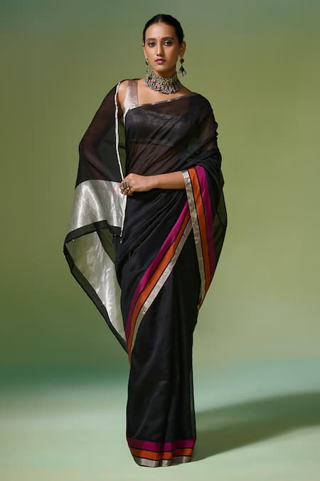 Dressfolk Black Chanderi Zari, Beads Raaz Pre-draped Saree With Unstitched Blouse Piece 