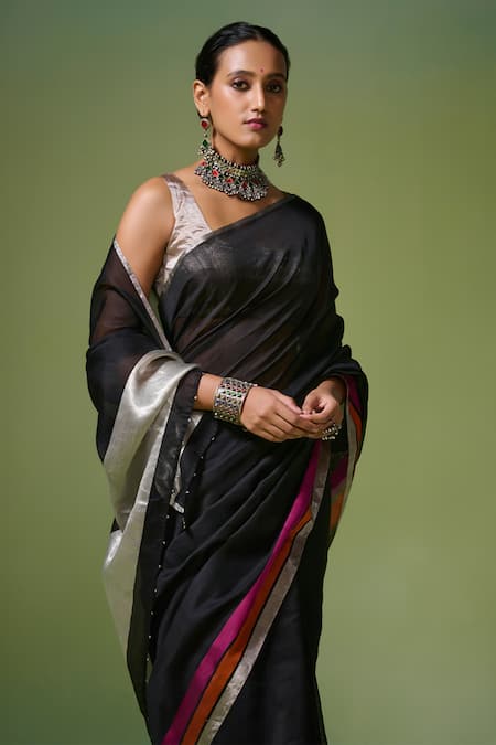 Shop_Dressfolk_Black Chanderi Zari, Beads Raaz Pre-draped Saree With Unstitched Blouse Piece_Online_at_Aza_Fashions