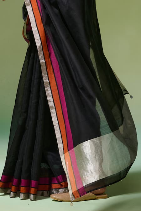 Dressfolk_Black Chanderi Zari, Beads Raaz Pre-draped Saree With Unstitched Blouse Piece_at_Aza_Fashions