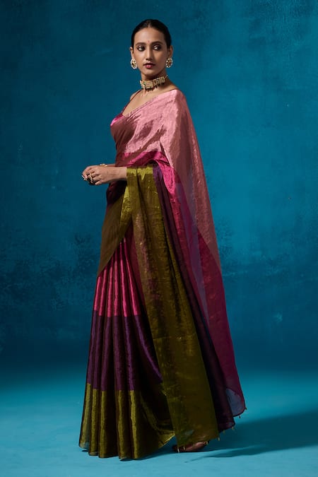 Buy_Dressfolk_Pink Tissue Beads Shiddat Pre-draped Saree With Unstitched Blouse Piece_Online_at_Aza_Fashions