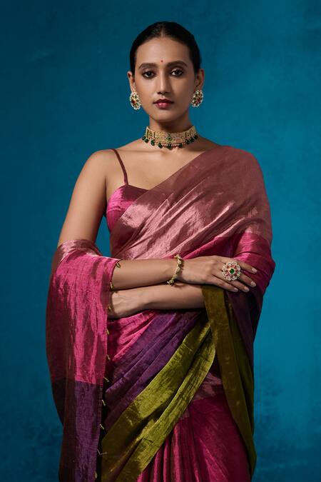 Shop_Dressfolk_Pink Tissue Beads Shiddat Pre-draped Saree With Unstitched Blouse Piece_Online_at_Aza_Fashions
