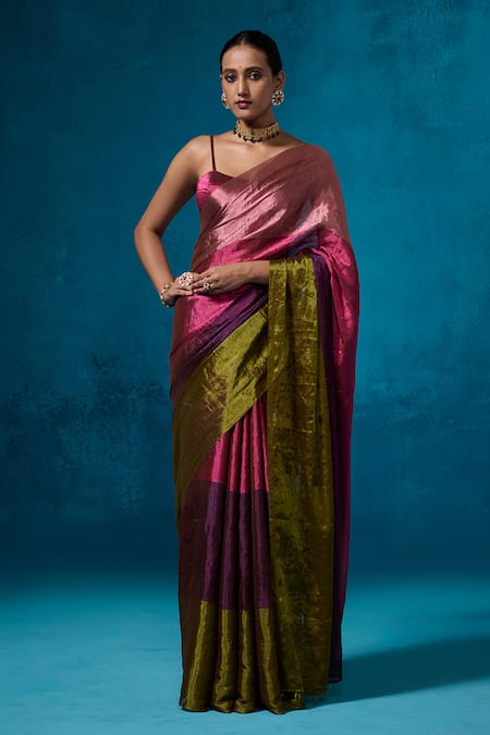 Dressfolk_Pink Tissue Beads Shiddat Pre-draped Saree With Unstitched Blouse Piece_at_Aza_Fashions
