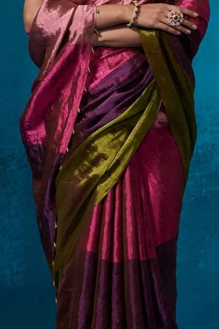 Buy_Dressfolk_Pink Tissue Beads Shiddat Pre-draped Saree With Unstitched Blouse Piece
