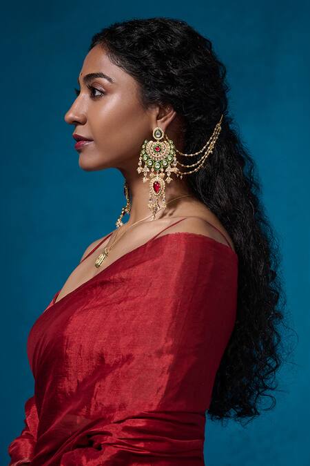 Buy_Dressfolk_Red Tissue Beads Dilaab Handwoven Pre-draped Saree With Unstitched Blouse Piece_Online_at_Aza_Fashions