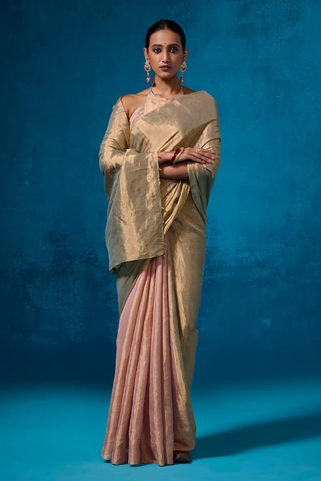 Dressfolk Peach Tissue Zari, Beads Farozaan Pre-draped Saree With Unstitched Blouse Piece 