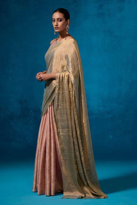 Dressfolk_Peach Tissue Zari, Beads Farozaan Pre-draped Saree With Unstitched Blouse Piece_Online_at_Aza_Fashions