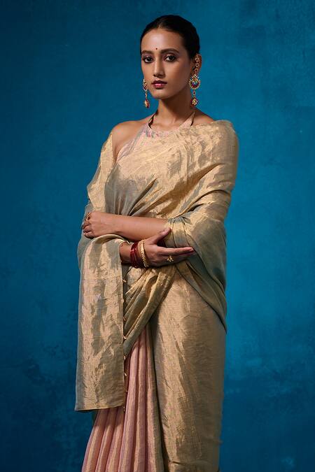 Shop_Dressfolk_Peach Tissue Zari, Beads Farozaan Pre-draped Saree With Unstitched Blouse Piece_Online_at_Aza_Fashions