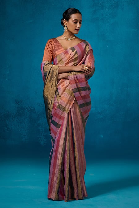Dressfolk_Pink Tissue Zari, Beads Taabiir Pre-draped Saree With Unstitched Blouse Piece_Online_at_Aza_Fashions