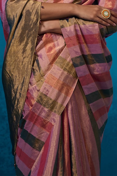 Buy_Dressfolk_Pink Tissue Zari, Beads Taabiir Pre-draped Saree With Unstitched Blouse Piece_Online_at_Aza_Fashions
