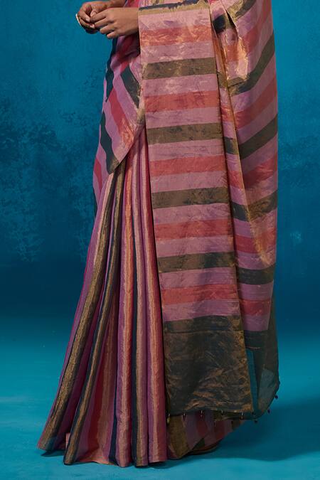 Shop_Dressfolk_Pink Tissue Zari, Beads Taabiir Pre-draped Saree With Unstitched Blouse Piece_Online_at_Aza_Fashions