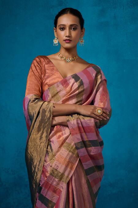 Dressfolk_Pink Tissue Zari, Beads Taabiir Pre-draped Saree With Unstitched Blouse Piece_at_Aza_Fashions