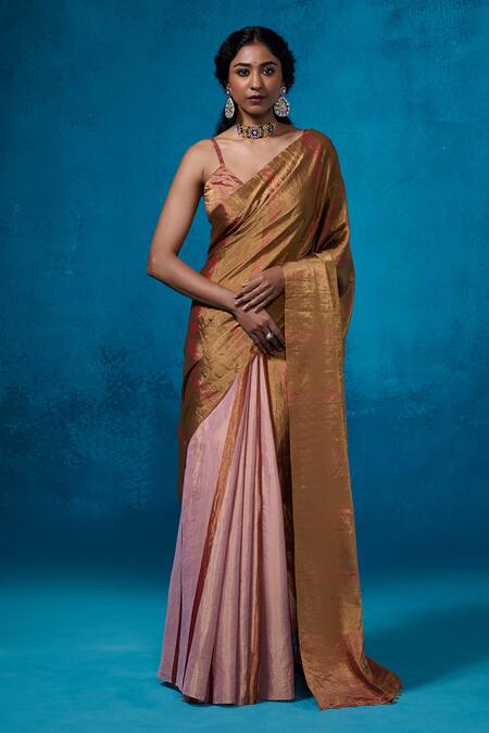 Shop_Dressfolk_Gold Tissue Zari Yamika Pre-draped Saree With Unstitched Blouse Piece_Online_at_Aza_Fashions