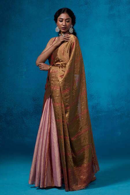 Dressfolk_Gold Tissue Zari Yamika Pre-draped Saree With Unstitched Blouse Piece_at_Aza_Fashions