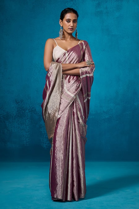 Dressfolk Purple Tissue Zari Gauhar Pre-draped Saree With Unstitched Blouse Piece 