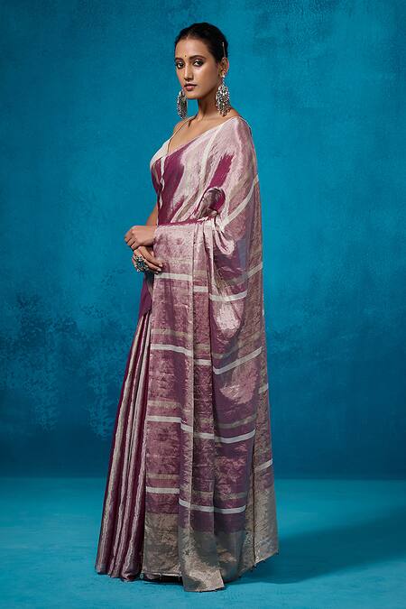 Dressfolk_Purple Tissue Zari Gauhar Pre-draped Saree With Unstitched Blouse Piece_at_Aza_Fashions