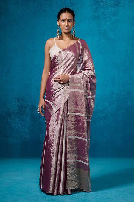 Buy_Dressfolk_Purple Tissue Zari Gauhar Pre-draped Saree With Unstitched Blouse Piece
