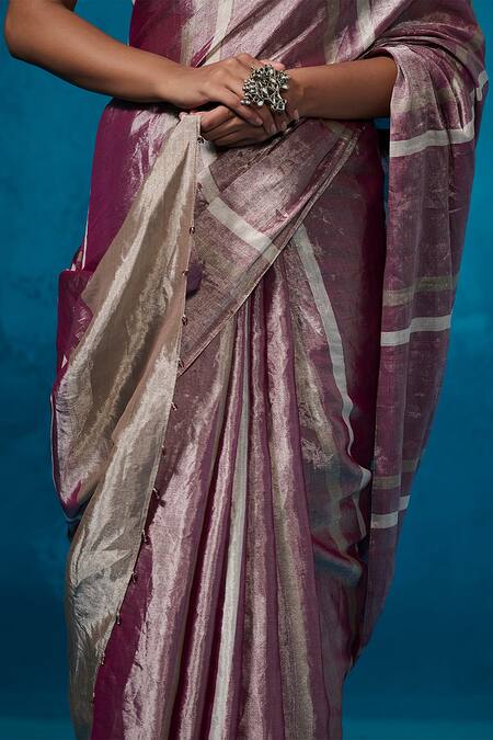 Shop_Dressfolk_Purple Tissue Zari Gauhar Pre-draped Saree With Unstitched Blouse Piece