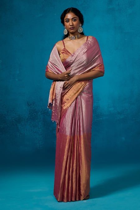 Dressfolk_Pink Tissue Zari Zeya Pre-draped Saree With Unstitched Blouse Piece_Online_at_Aza_Fashions