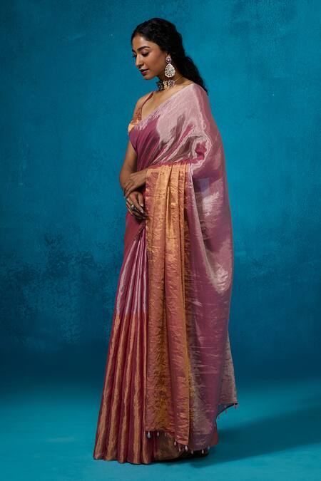 Shop_Dressfolk_Pink Tissue Zari Zeya Pre-draped Saree With Unstitched Blouse Piece_Online_at_Aza_Fashions
