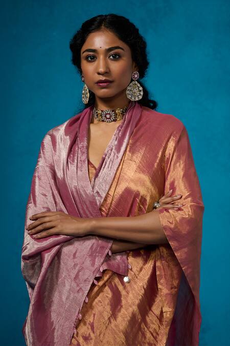 Dressfolk_Pink Tissue Zari Zeya Pre-draped Saree With Unstitched Blouse Piece_at_Aza_Fashions