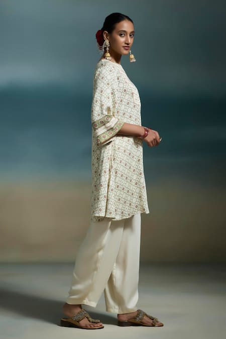 Dressfolk_Ivory Modal, Satin Embroidery Split V-neck Kshirja Printed Kurta With Salwar_Online_at_Aza_Fashions