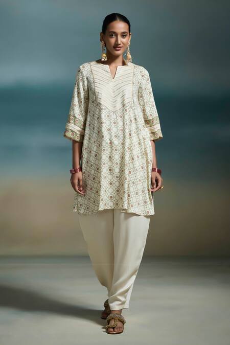 Shop_Dressfolk_Ivory Modal, Satin Embroidery Split V-neck Kshirja Printed Kurta With Salwar_Online_at_Aza_Fashions