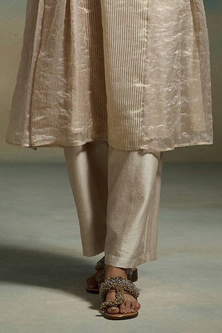 Dressfolk_Ivory Chanderi, Organza Zari V-neck Tanuja Stripe Woven Anarkali Set_Online_at_Aza_Fashions