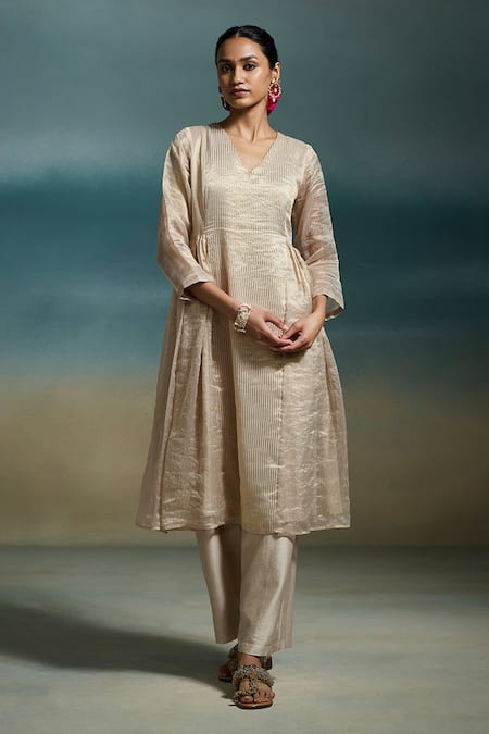 Buy_Dressfolk_Ivory Chanderi, Organza Zari V-neck Tanuja Stripe Woven Anarkali Set_Online_at_Aza_Fashions