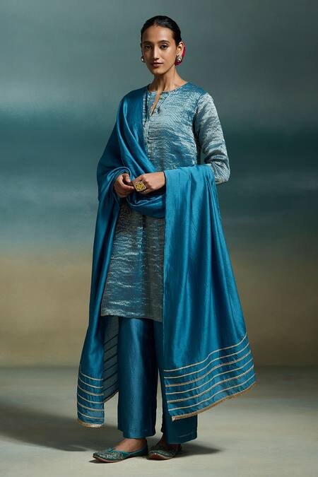 Dressfolk_Blue Chanderi Zari Split V-neck Sharvari Stripe Woven A-line Kurta Set_Online_at_Aza_Fashions