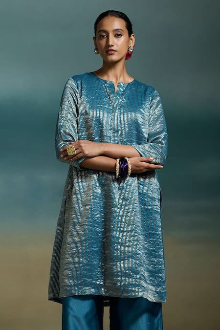 Shop_Dressfolk_Blue Chanderi Zari Split V-neck Sharvari Stripe Woven A-line Kurta Set