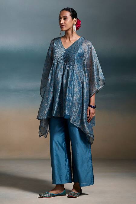 Dressfolk_Blue Chanderi V-neck Ekaa Kaftan With Pant_Online_at_Aza_Fashions