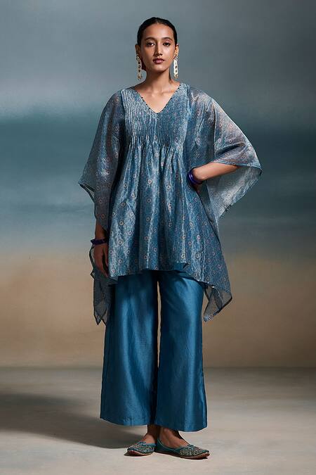 Buy_Dressfolk_Blue Chanderi V-neck Ekaa Kaftan With Pant_Online_at_Aza_Fashions