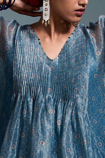 Shop_Dressfolk_Blue Chanderi V-neck Ekaa Kaftan With Pant_Online_at_Aza_Fashions