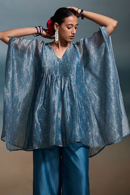Buy_Dressfolk_Blue Chanderi V-neck Ekaa Kaftan With Pant