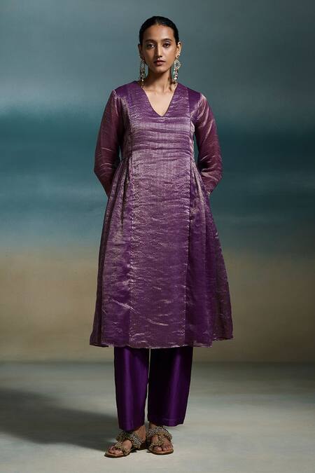 Dressfolk_Purple Chanderi Zari V-neck Chahak Anarkali Set_Online_at_Aza_Fashions
