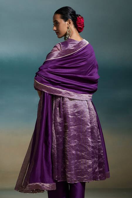 Dressfolk_Purple Chanderi Zari V-neck Chahak Anarkali Set_at_Aza_Fashions