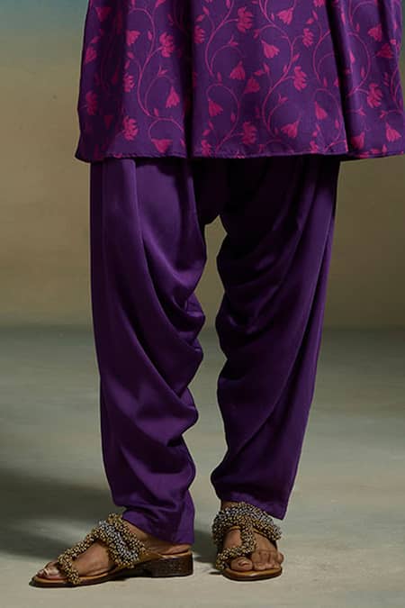 Dressfolk_Purple Modal, Satin Foil Printing, Zari Split V-neck Revati Printed Kurta Set_Online_at_Aza_Fashions