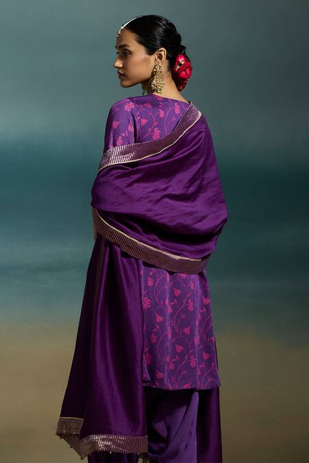 Shop_Dressfolk_Purple Modal, Satin Foil Printing, Zari Split V-neck Revati Printed Kurta Set_Online_at_Aza_Fashions